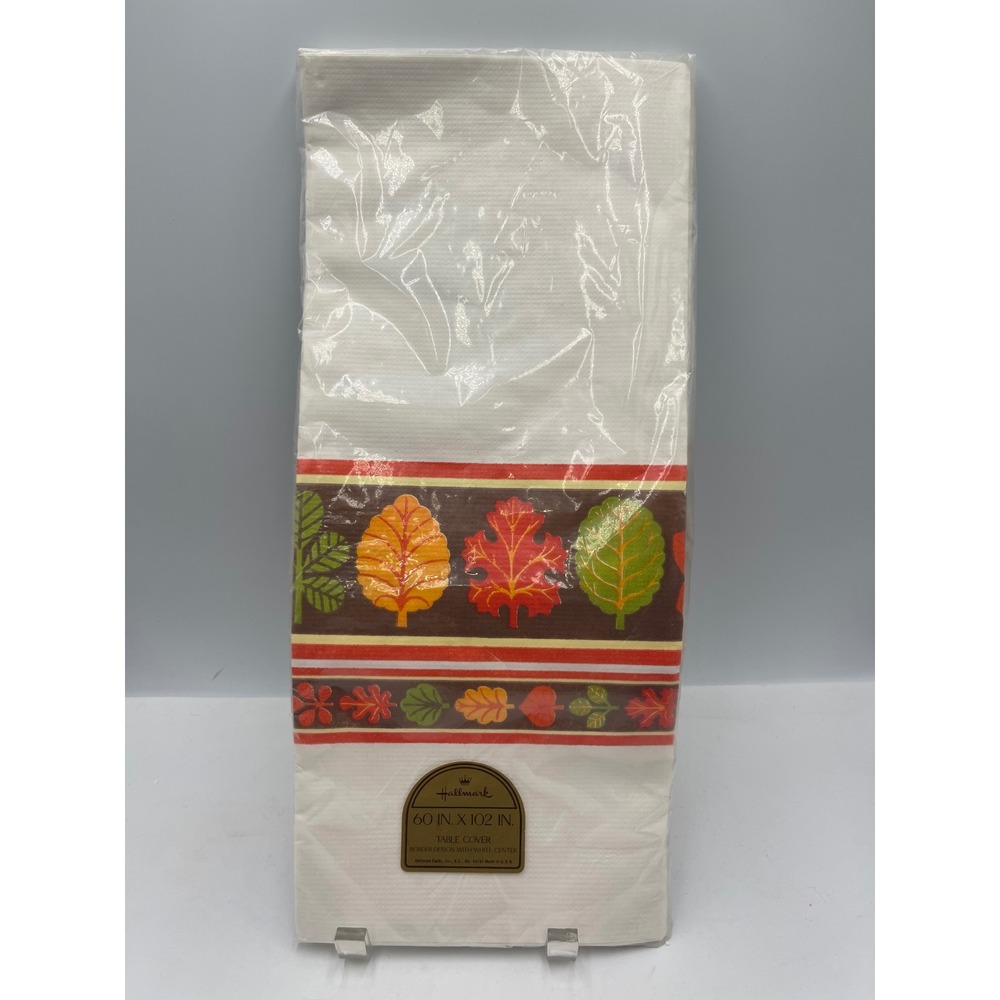 Hallmark Table Cover  60x102 White New Vintage Fall Leaf Border Paper